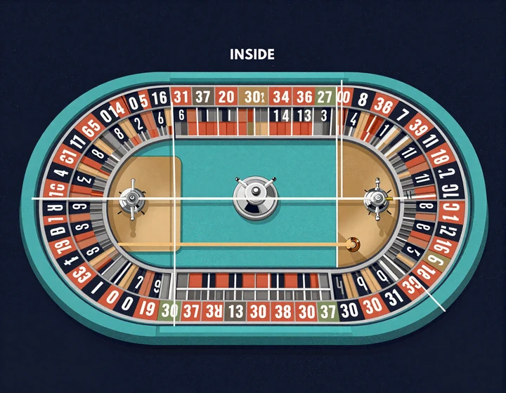 Diagramm eines europ&auml;ischen Roulette-Tisch-Layouts mit inneren und &auml;u&szlig;eren Eins&auml;tzen zu den Roulette Regeln