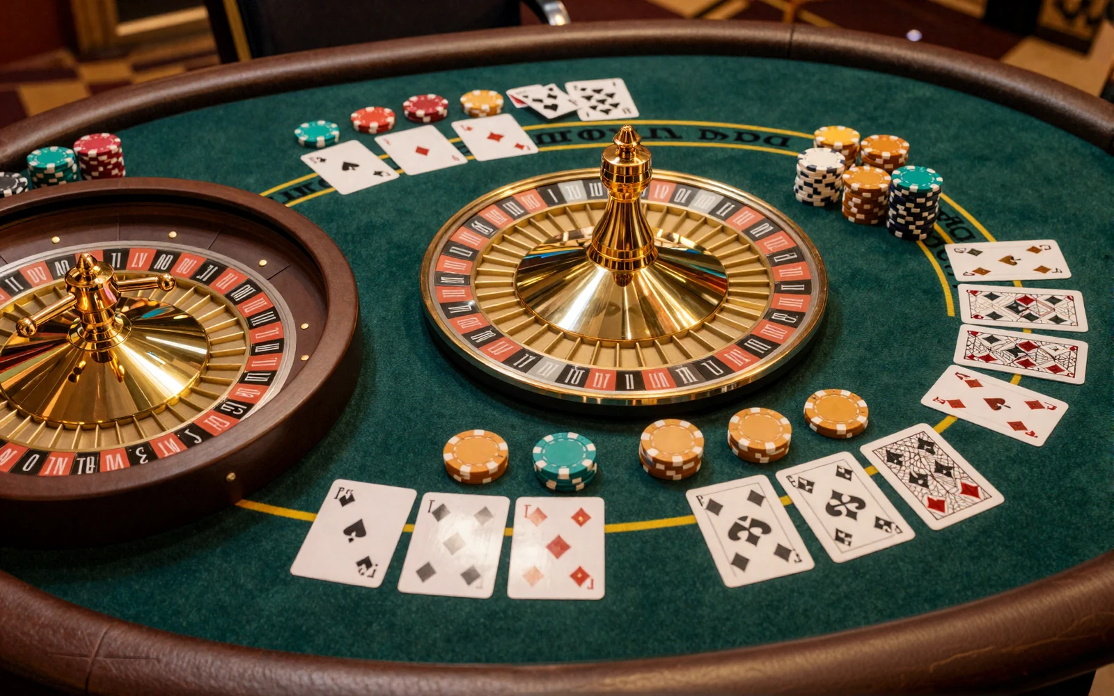 Roulette-Rad und Blackjack-Tisch mit goldenen Chips und Karten - Roulette Regeln und Black Jack Regeln bei Betsson