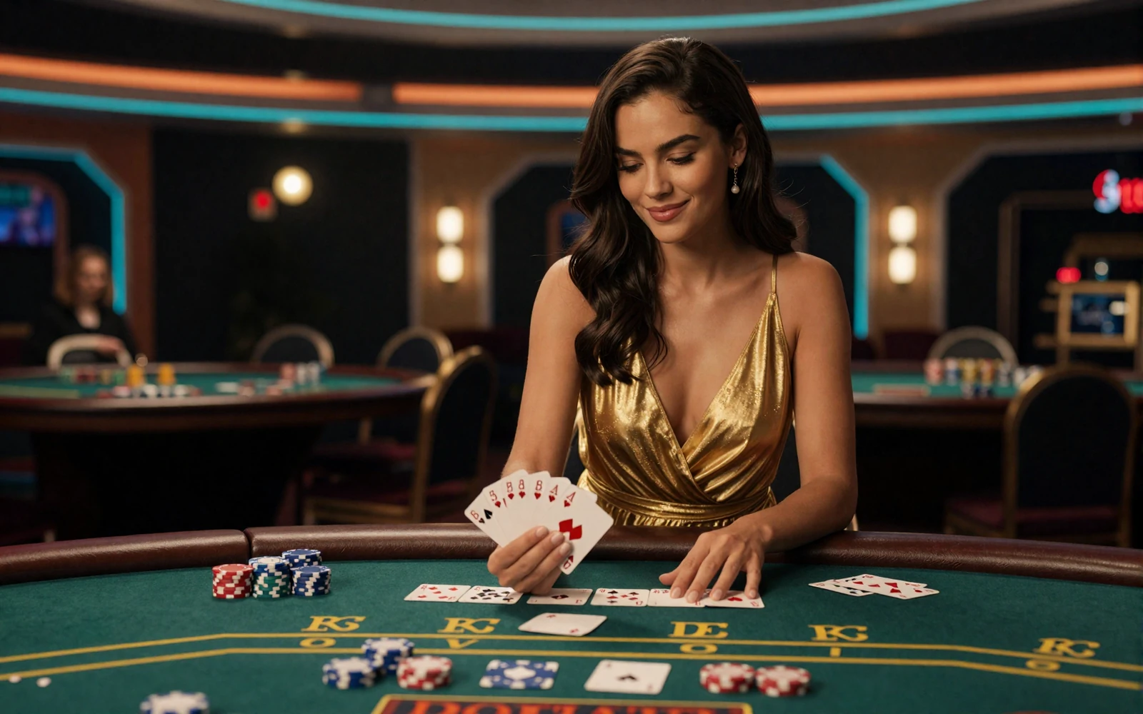 Elegante Frau im goldenen Kleid f&auml;chert Spielkarten am Baccarat-Tisch im Betsson Online Casino mit &uuml;ber 4.000 Spielen