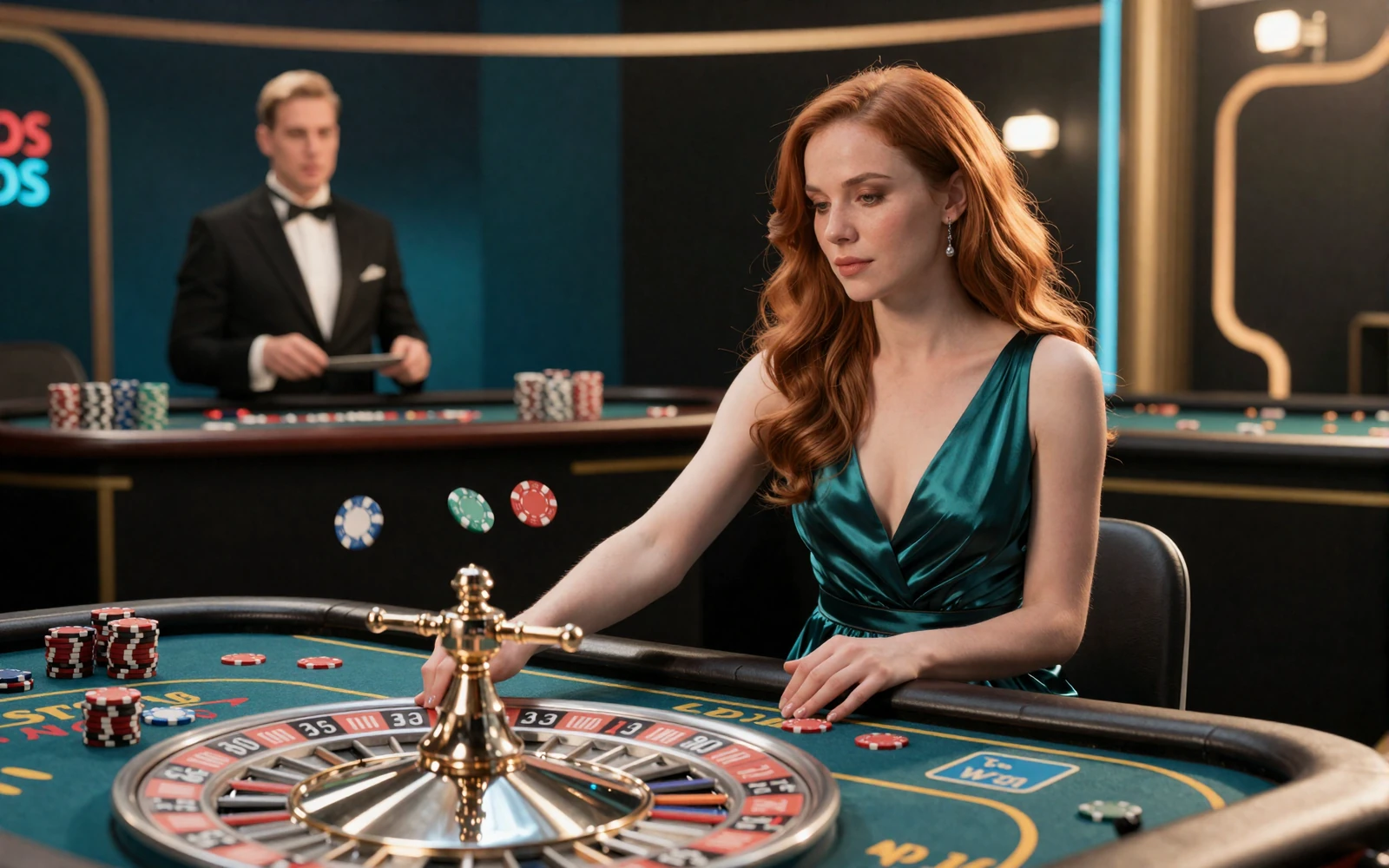 Elegante Frau im teal-farbenen Kleid am Live-Roulette-Tisch mit Croupier im Betsson Live Casino in HD