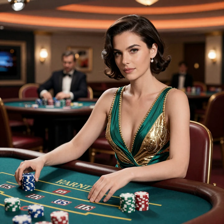Frau im smaragdgold Kleid am VIP-High-Roller-Tisch im Betsson Treueprogramm