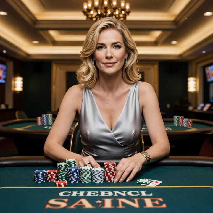 Elegante Frau im silbernen Kleid am VIP-High-Roller-Blackjack-Tisch mit Chipstapeln im Betsson Casino
